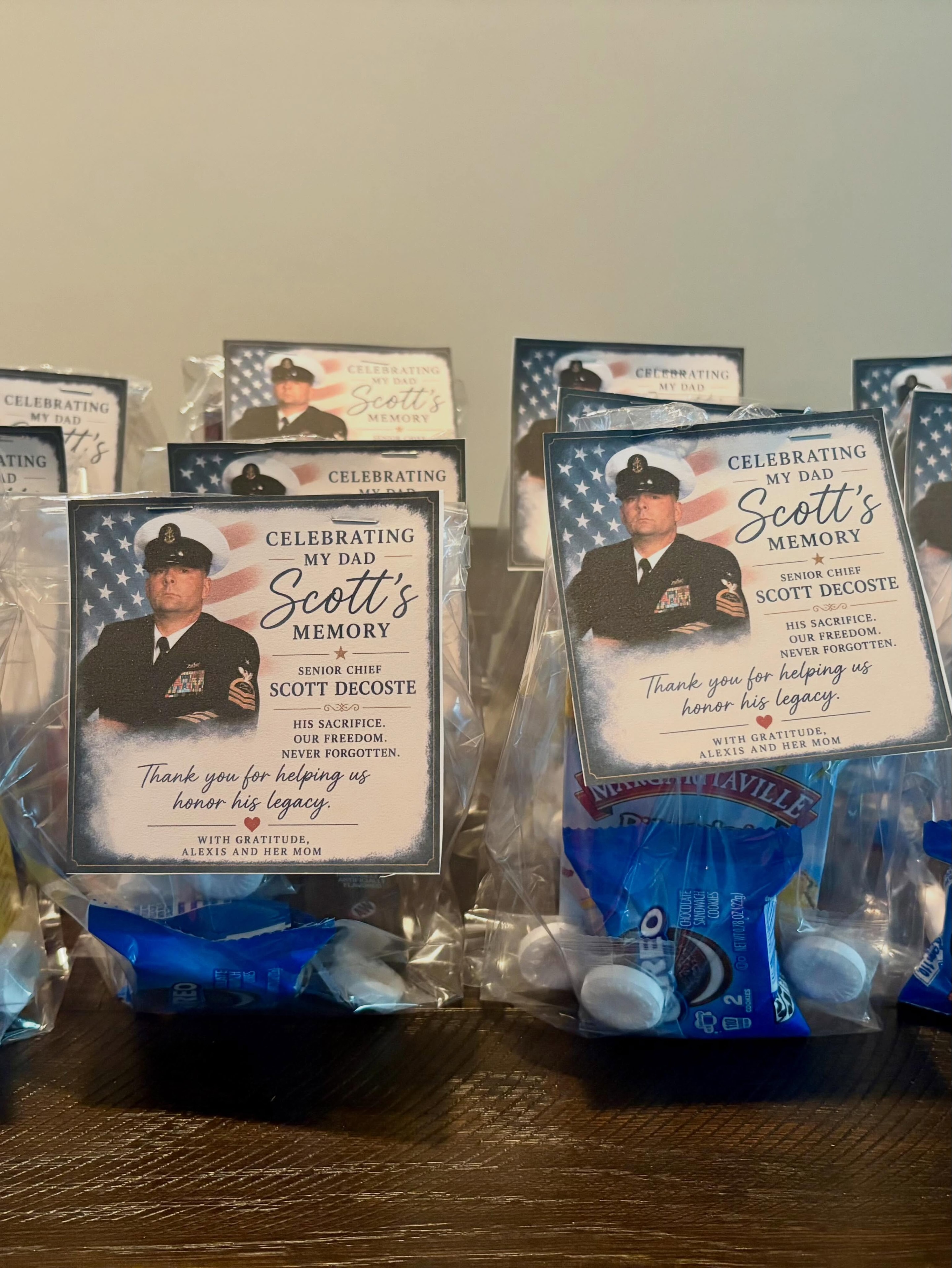 Celebrating Scott's Memory — memorial goody bags honoring Senior Chief Scott DeCoste